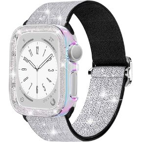 Stretchy Band and Bling Bumper Case Compatible with Apple Watch 40mm 38mm 41mm 42mm 44mm 45mm 46mm Women, Elastic Nylon Straps and Glitter Protective Frame for iWatch Series 10 9 8 7 6 5 4 3 2 1 SE