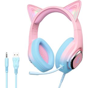 Mytrix Gaming Wired Headset with Mic for PS4, PS5, Xbox, PC, Mac, Switch, Gradient Pink Blue Cat Ear Gaming Headphones with 360° Rotation Microphone, Surround Sound, Soft Earmuff, RGB Light Effect