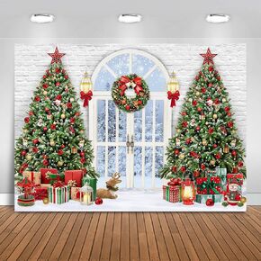 Christmas Photography Backdrop 7x5ft Christmas Tree Door Xmas Party Decorations Photo Background Snowy Winter Scenery Outside The Door White Brick Wall Family Photo Shoot Booth Props