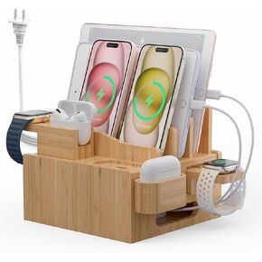 Pezin & Hulin Multiple USB Charging Station, Wooden Bamboo Dock Station for Cell Phones, Tablets, Earpods and Smart Watch, Including Power Charger HUB, 5 Cables -Natural Bamboo