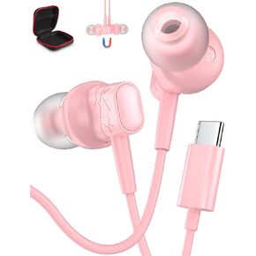 ACAGET Lightweight USB C Earbuds for iPhone 16 Pro Max 15 Plus Wired Pink Headphones with Mic for Girls Women Kids Small in Ear Noise Isolating Magnetic Type C Earphone for iPad Pro Air Samsung Google