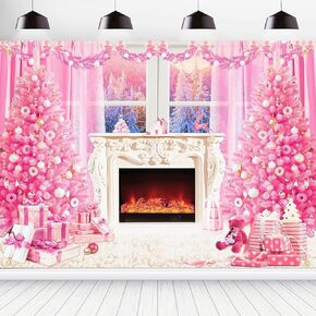 8X6FT Pink Christmas Photo Backdrop Fabric Christmas Fireplace Backdrop Banner for Photography Pictures,Xmas Pink Tree Balls Window Background Family Holiday Party Supplies Photo Props
