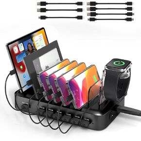 MSTJRY USB-A Charging Station for Multiple Devices -70W 7 Ports Multi Charger for iPhone iPad Tablet Phone - Charging Dock Organizer with Adjustable Dividers and 7 Cables for Home Office Classroom