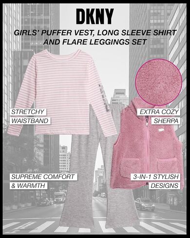 DKNY Girls' Vest Set - 3 Piece Button Down Quilted Puffer Vest Long Sleeve Shirt and Flare Leggings Set (Sizes: 2T-6X) in Kuwait