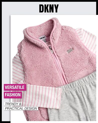 DKNY Girls' Vest Set - 3 Piece Button Down Quilted Puffer Vest Long Sleeve Shirt and Flare Leggings Set (Sizes: 2T-6X) in Kuwait