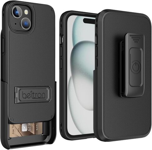 مجموعة حافظة BELTRON لهاتف iPhone 15 Pro Max، حافظة نحيفة واقية لكامل الجسم ومشبك حزام دوار 3 في 1 مع مسند/حامل بطاقات متوافق مع Apple iPhone 15 Pro Max (2023) in Kuwait