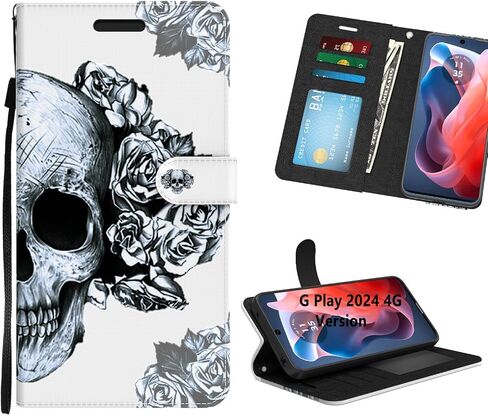 for Motorola G 5G 2024 Case/Motorola G Play 5G 2024 Case, Moto G Play 5G 2024 Case Wallet with Card Holder Slots Wrist Strap, Moto G 5G 2024 Case Flip Folio Skull Leather Phone Case in Saudi Arabia