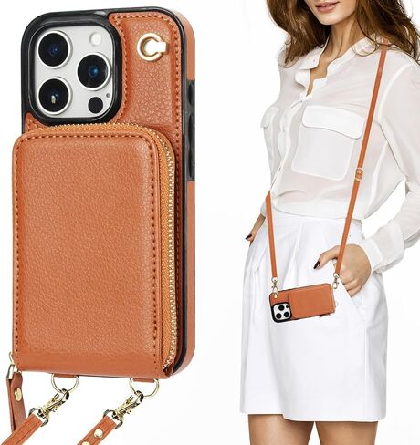 KIHUWEY Crossbody Wallet Case for iPhone 16 Pro, Zipper Pocket Case with Card Holder, PU Leather RFID Blocking Protective Cover Case with Kickstand Detachable Wrist Strap Lanyard 6.3" (Brown) in Kuwait