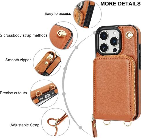 KIHUWEY Crossbody Wallet Case for iPhone 16 Pro, Zipper Pocket Case with Card Holder, PU Leather RFID Blocking Protective Cover Case with Kickstand Detachable Wrist Strap Lanyard 6.3" (Brown) in Kuwait