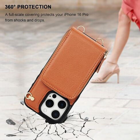 KIHUWEY Crossbody Wallet Case for iPhone 16 Pro, Zipper Pocket Case with Card Holder, PU Leather RFID Blocking Protective Cover Case with Kickstand Detachable Wrist Strap Lanyard 6.3" (Brown) in Kuwait