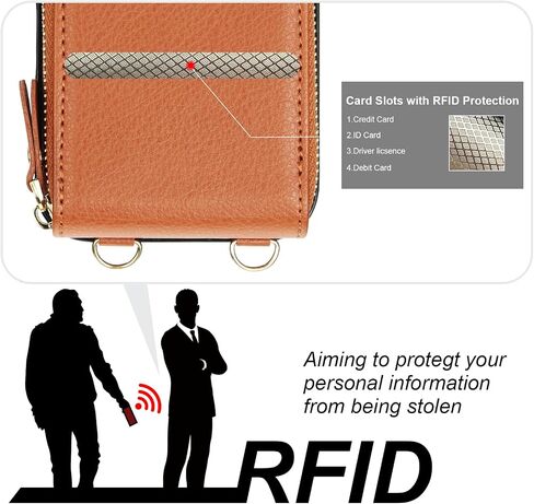 KIHUWEY Crossbody Wallet Case for iPhone 16 Pro, Zipper Pocket Case with Card Holder, PU Leather RFID Blocking Protective Cover Case with Kickstand Detachable Wrist Strap Lanyard 6.3" (Brown) in Kuwait