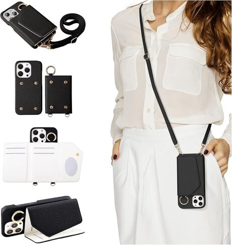 HANDODO Wallet Case Compatible iPhone 14 Pro,Women Vegan Leather Detachable Crossbody Phone Case with RFID Blocking Card Holder Adjustable Strap Shockproof Kickstand Phone Wallet (Black) in Saudi Arabia