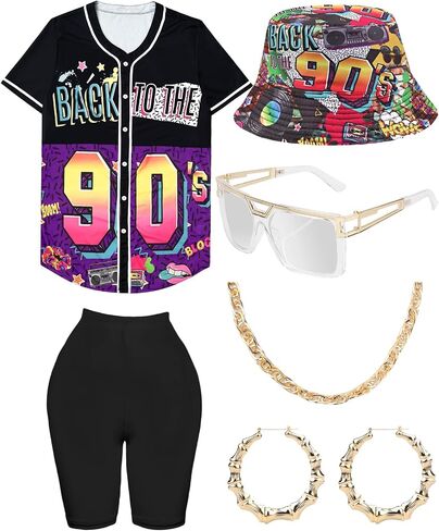 WILDPARTY 80s 90s Outfit for Women, Unisex Hip Hop Costume Baseball Jersey Shirt Yoga Pants Rapper Accessories in Kuwait