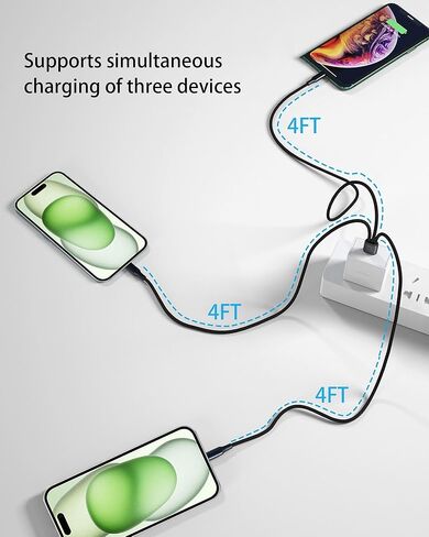 كابل USB C متعدد 4 أقدام 2 حزمة، 3 في 1 شحن متعدد النوع C، شاحن USB-C مقسم 3A، سلك نايلون، USB C إلى 3 منافذ USB C، متوافق مع iPhone 15، iPad Pro/Air، Samsung S23، Google، Android، أوقد النار in Kuwait
