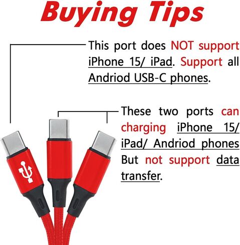 Multi USB C Cable 4FT 2Pack,3 in 1 Multiple Type C Charging,3A Splitter USB-C Charger,Nylon Cord,USB C to 3 USB C Port, Compatible with iPhone 15,iPad Pro/Air,Samsung S23,Google,Android,Kindle fire in Saudi Arabia
