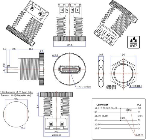 xiwai 5pcs/Set DIY OEM Type C Female Socket Connector to 6Pin PCBA Pinout Scew Nut Mount Type PD Power DC 5V/20V for Wiring in Saudi Arabia