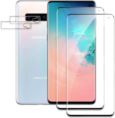 [2+2] واقي شاشة من الزجاج المقسى لهاتف Samsung galaxy S10، 2 ​​* فيلم زجاجي مقسى + 2 * واقي عدسة الكاميرا، فيلم زجاجي ثلاثي الأبعاد بتغطية كاملة، صلابة 9H، ترقية حماية الحافة، سهولة التركيب in Kuwait