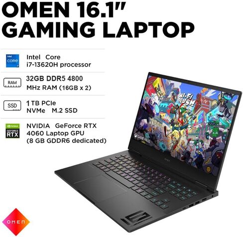 HP OMEN 16 16.1" FHD 165Hz Gaming Laptop (Intel 13th Gen Core i7-13620H, 32G DDR5 RAM, 1TB SSD, Geforce RTX 4060 8GB) Backlit Gaming Laptop, WiFi 6E, IST Hub, Win11 Home, 2024, Black in Saudi Arabia