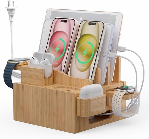 Pezin & Hulin Multiple USB Charging Station, Wooden Bamboo Dock Station for Cell Phones, Tablets, Earpods and Smart Watch, Including Power Charger HUB, 5 Cables -Natural Bamboo in Saudi Arabia