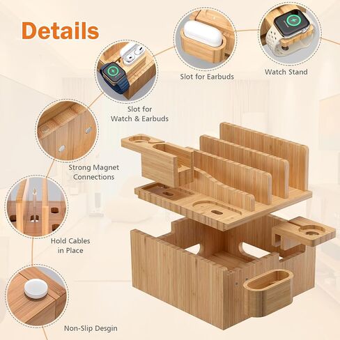 Pezin & Hulin Multiple USB Charging Station, Wooden Bamboo Dock Station for Cell Phones, Tablets, Earpods and Smart Watch, Including Power Charger HUB, 5 Cables -Natural Bamboo in Saudi Arabia