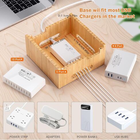 Pezin & Hulin Multiple USB Charging Station, Wooden Bamboo Dock Station for Cell Phones, Tablets, Earpods and Smart Watch, Including Power Charger HUB, 5 Cables -Natural Bamboo in Saudi Arabia