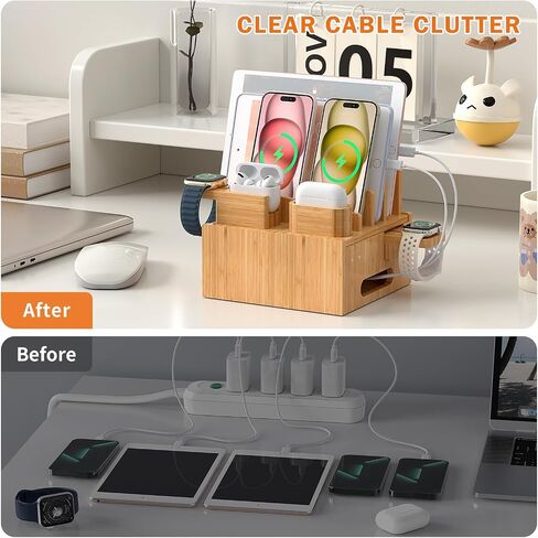 Pezin & Hulin Multiple USB Charging Station, Wooden Bamboo Dock Station for Cell Phones, Tablets, Earpods and Smart Watch, Including Power Charger HUB, 5 Cables -Natural Bamboo in Saudi Arabia
