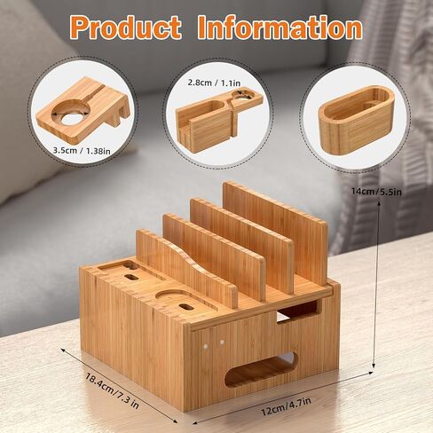Pezin & Hulin Multiple USB Charging Station, Wooden Bamboo Dock Station for Cell Phones, Tablets, Earpods and Smart Watch, Including Power Charger HUB, 5 Cables -Natural Bamboo in Saudi Arabia