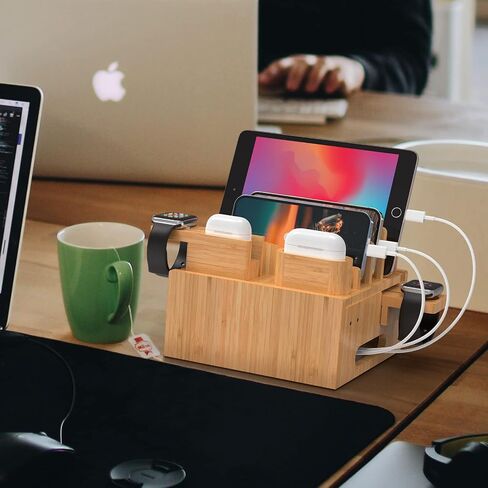 Pezin & Hulin Multiple USB Charging Station, Wooden Bamboo Dock Station for Cell Phones, Tablets, Earpods and Smart Watch, Including Power Charger HUB, 5 Cables -Natural Bamboo in Saudi Arabia