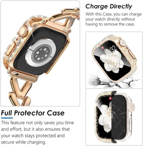 KADES Band & Case Designed for Apple Watch Series 46mm 45mm 44mm 42mm 41mm 40mm 38mm for Women, Metal Strap with Bling Rhinestone Screen Protector Cover for iWatch 10 9 8 7 6 5 4 SE SE2 3 2 1 in Saudi Arabia