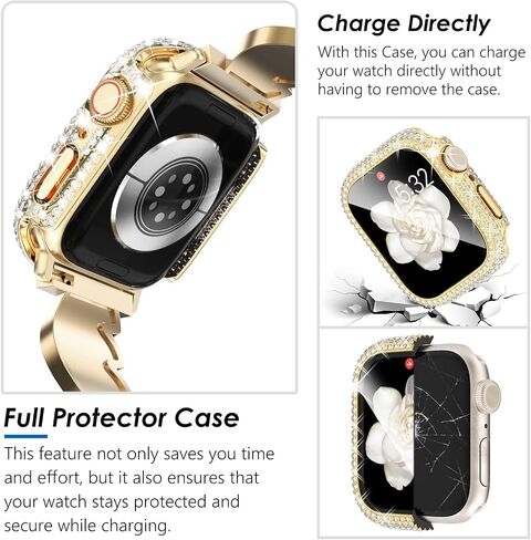 KADES Band & Case Designed for Apple Watch Series 46mm 45mm 44mm 42mm 41mm 40mm 38mm for Women, Metal Strap with Bling Rhinestone Screen Protector Cover for iWatch 10 9 8 7 6 5 4 SE SE2 3 2 1 in Saudi Arabia