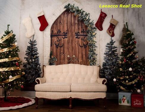 Laeacco Christmas Theme Backdrop 10x8ft Vintage Arch Wooden Door Front Xmas Trees Plain Lime Wall Photography Background Xmas Party Banner Winter Theme Wedding Child Kids Baby Portrait Shoot Wallpaper in Kuwait