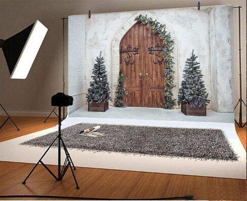 Laeacco Christmas Theme Backdrop 10x8ft Vintage Arch Wooden Door Front Xmas Trees Plain Lime Wall Photography Background Xmas Party Banner Winter Theme Wedding Child Kids Baby Portrait Shoot Wallpaper in Kuwait