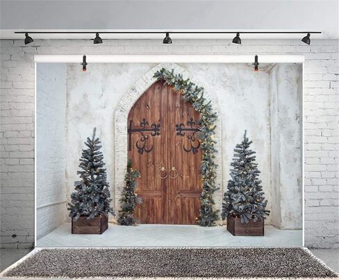 Laeacco Christmas Theme Backdrop 10x8ft Vintage Arch Wooden Door Front Xmas Trees Plain Lime Wall Photography Background Xmas Party Banner Winter Theme Wedding Child Kids Baby Portrait Shoot Wallpaper in Kuwait