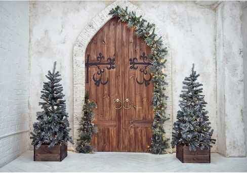 Laeacco Christmas Theme Backdrop 10x8ft Vintage Arch Wooden Door Front Xmas Trees Plain Lime Wall Photography Background Xmas Party Banner Winter Theme Wedding Child Kids Baby Portrait Shoot Wallpaper in Saudi Arabia