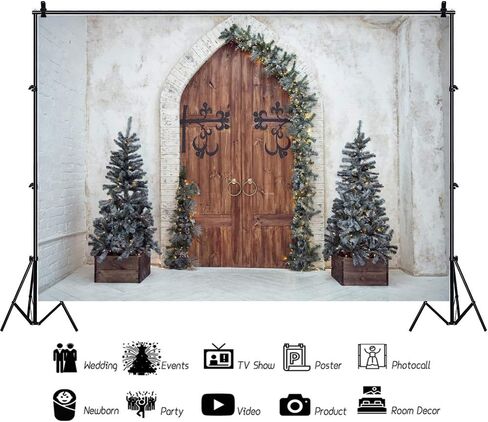 Laeacco Christmas Theme Backdrop 10x8ft Vintage Arch Wooden Door Front Xmas Trees Plain Lime Wall Photography Background Xmas Party Banner Winter Theme Wedding Child Kids Baby Portrait Shoot Wallpaper in Saudi Arabia