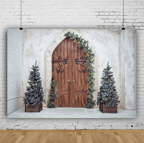 Laeacco Christmas Theme Backdrop 10x8ft Vintage Arch Wooden Door Front Xmas Trees Plain Lime Wall Photography Background Xmas Party Banner Winter Theme Wedding Child Kids Baby Portrait Shoot Wallpaper in Saudi Arabia