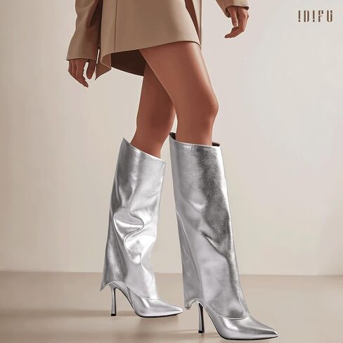 IDIFU المرأة أحذية عالية في الركبة أضعاف فوق خنجر الكعب العالي وأشار اصبع القدم أحذية طويلة الخريف مريحة لطيف أزياء أنيقة مثير أحذية عصرية حزب الرقص نادي أحذية طويلة الجانب سستة الأحذية للنساء in Kuwait