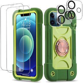 iPhone 12/12 Pro 6.1" Case: Military-Grade Rugged Cover, Ring Stand, 2 Glass Screen Protectors, 2 Camera Lens Protectors (Rainbow Pink)