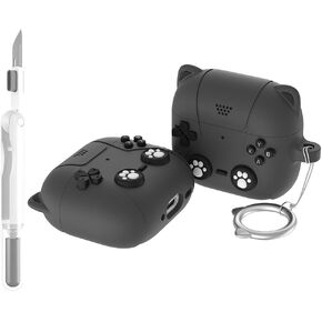 Game Player Design Case for AirPods 4 Generation(2024) Case Cover with Cleaner Kit Cute Soft Silicone Skin Full Protective Cover for Apple Airpod Case (Black)