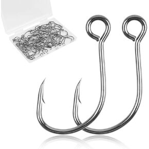 Fishing Inline Single Hooks - 60pcs/Box Single Replacement Hooks for Fishing Baits Lures Plugs Inline Fishing Hooks Large Eye with Barbed Saltwater Freshwater Fishing Tackle #4#2# 1# 1/0 2/0
