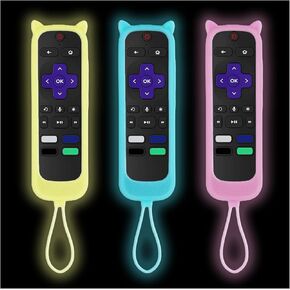 3Pcs Cover for Onn Roku Remote with Cat Ears Design Glow in The Dark Remote Cover Compatible with Express Steaming Stick Hisense TCL Roku TV