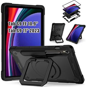 DETUOSI Compatible with Samsung Galaxy Tab S9 FE Case 10.9" with Shoulder Strap & 360°Rotatable Stand, Heavy Duty Shockproof Protective Case for Galaxy Tab S9 FE 5G 10.9"/ S9 11", Black