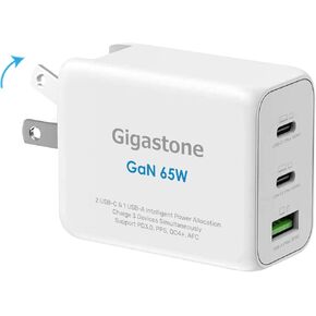 Gigastone 65W USB C PD Charger GaN Power Pro PPS Multiple Port Intelligent Power Allocation, Compact Foldable Plug Travel, Full Speed GaN Charger MacBook Air/Pro Dell XPS iPad iPhone 16/15 Galaxy S24