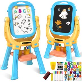 Easel for Kids, Weudear Kids Easel Double Sided Wooden Easel Standing, 4 in 1 White Board & Magnetic Drawing Board & Tabletop Easel, Art Easel for Kids 2-4 4-8 9-12 Height Adjustable 22-39inch