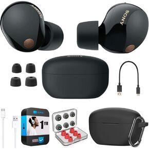 Sony WF-1000XM5 Industry Leading Noise Canceling Truly Wireless Earbuds (Black) Bundle with Silicone Case (Red), Memory Foam Ear Tips, USB-A to USB-C Cable & 1 YR CPS Enhanced Protection Pack