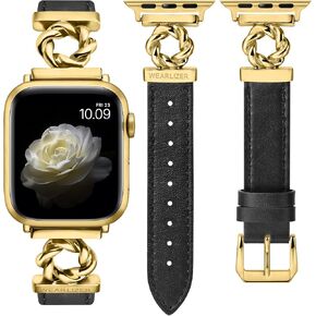 Wearlizer Leather Band Compatible with Apple Watch Bands Women 38/40/41/42/44/45/46/49mm, Dressy Fancy Designer Camellia Flowers Buckle Strap for iWatch Series 10/9/8/7/6/5/4/3/2/1/SE/Ultra 2