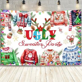 MEHOFOND 7x5ft Christmas Ugly Sweater Party Backdrop Banner Red and Green Ugly Sweater Decorations Background Black Winter Christmas Elfed Up Snowflake Party Coloured Lantern Photography Booth Props