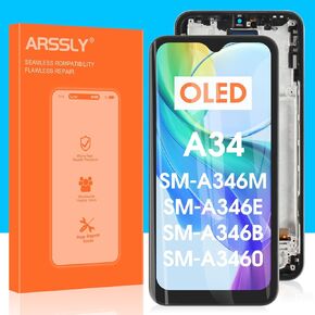 بديل شاشة OLED لهاتف Samsung Galaxy A34 لجهاز Samsung A34 LCD محول رقمي A346E A346B A346M مجموعة لمس الشاشة مع أدوات إصلاح (أسود مع إطار، مع بصمة الإصبع)