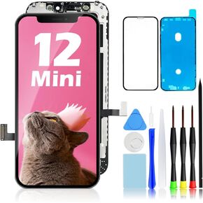 لاستبدال شاشة iPhone 12 Mini، شاشة LCD عالية الدقة مقاس 5.4 بوصة ومحول رقمي يعمل باللمس مجموعة كاملة مع مجموعة أدوات إصلاح وشريط مقاوم للماء وواقي شاشة من الزجاج المقسى