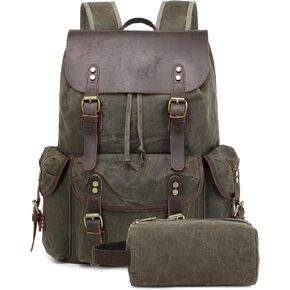 Genuine Leather Backpack for Men, Waxed Canvas Backpack Shoulder Rucksack with Toiletry Vintage Backpack for Travel,Camping, Hiking(Coffee)